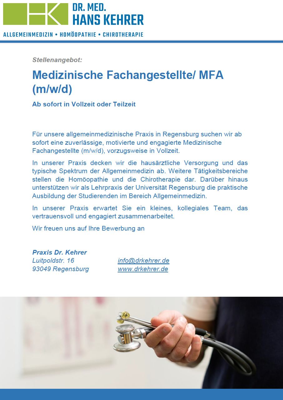 Stellenangebot: Medizinische Fachangestellte / MFA (m/w/d) - ab sofort in Regensburg